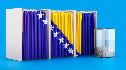 Voting booths with Bosnian and Herzegovinan  flag and ballot box. Election in Bosnia and Herzegovina, concept. 3D rendering