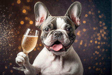 French Bulldog drinking champagne on New Year's Eve party. Generative AI. Generative AI. - obrazy, fototapety, plakaty