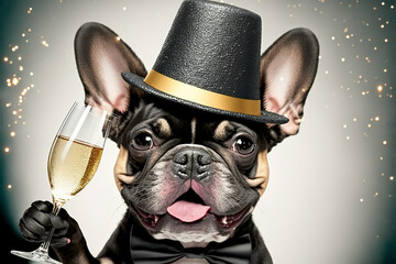 French Bulldog celebrating New Year's Eve with a glass of champagne. Generative AI.