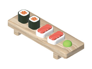 Vector Illustration Art of A Sushi (Japanese Food) Set Served on A Wooden Plate.  Isolated or Die Cut on White Background.