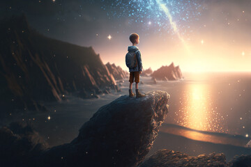a child standing at cliff looking at beautiful starry sky at night, glitter glow galaxy sky at night time