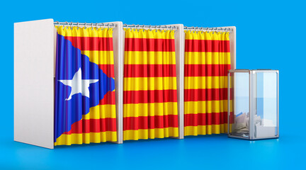 Voting booths with Catalan flag and ballot box. Election in Catalonia, concept. 3D rendering