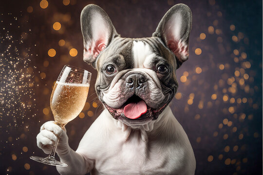 French Bulldog drinking champagne on New Year's Eve party. Generative AI. Generative AI.
