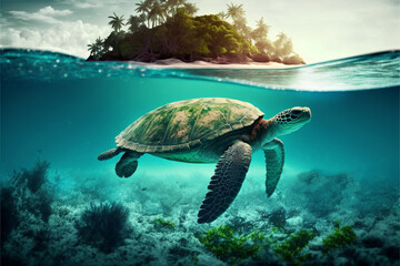Obraz premium sea turtle swimming under clean blue ocean water with natural green island as background idea concept for environment preservation 