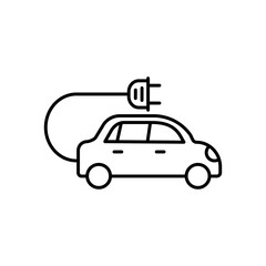 Electric car icon. Electrical automobile cable contour and plug charging black symbol. Eco friendly electro auto vehicle concept. Vector electricity illustration eps 10
