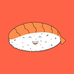  Shrimp nigiri funny kawaii character laughing. Vector illustration in flat style