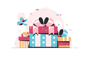 Vector illustration of birthday gifts with background. Present concept. Beautiful banner of colorful gift boxes.