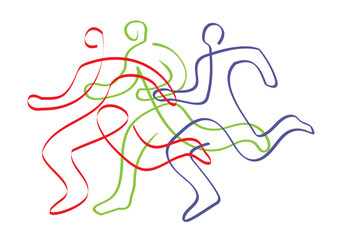 Running race, marathon, jogging, line art stylized. 
Stylized illustration of three running racers. Continuous line drawing design.Isolated on white background. Vector available.
