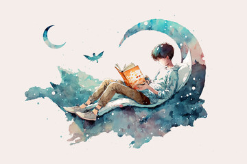 a boy lean on crescent moon while reading book ,fantasy dreamy fairytale illustration concept