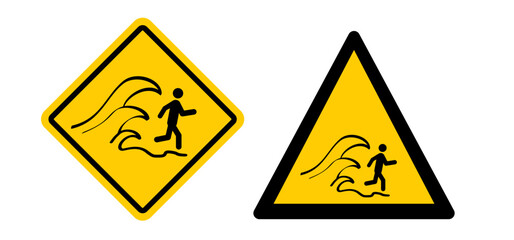 Drawing cartoon tsunami warning, shock wave. A tsunamis is an extremely high wave from the sea that unexpectedly floods the coast, usually caused by a seaquake. information sign.