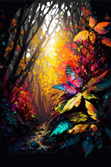 colorful illustration of color change forest and a butterfly