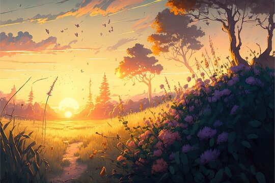 Flowers landscape, sunset, sunrise, Anime style watercolor as background. digital art style, illustration painting. Generative AI.
