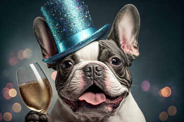 French Bulldog with champagne glass celebrating New Year's Eve. Generative AI.