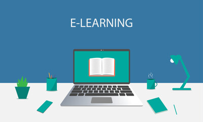 Distance learning or online education concept, books on laptop computer monitor, E-learning platform, new normal, vector flat illustration