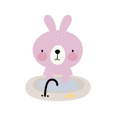Cute Rabbit washes his hands. Vector illustration. For kids stuff, card, posters, banners, children books, printing on the pack, printing on clothes, fabric, wallpaper, textile.