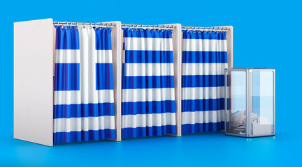 Voting booths with Greek flag and ballot box. Election in Greece, concept. 3D rendering
