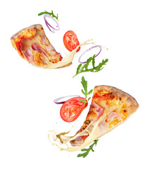 Two slices of pizza with melted cheese and ingredients in the air isolated on a white background