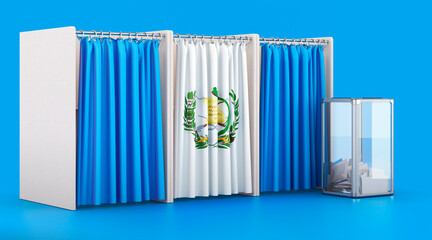 Voting booths with Guatemalan flag and ballot box. Election in Guatemala, concept. 3D rendering