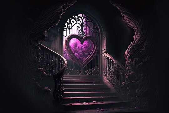 dark romantic illustration of purple black door with stair