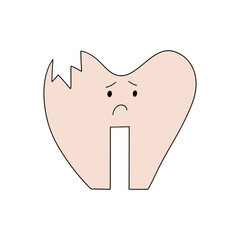Cracked sick tooth with a sad face. Vector illustration for dentistry, medicine