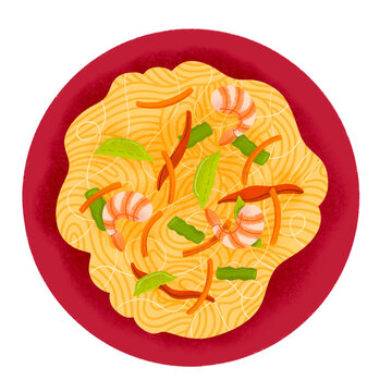 Filipino pansit bihon noodles with shrimp, green beans, and carrots on red plate, top view