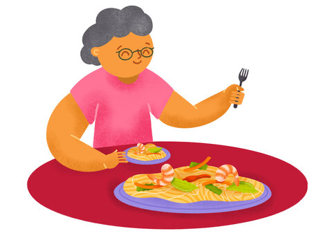 Filipino old lady eating pansit bihon 