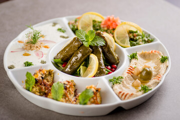 arabian mix starter with vine leaves, hummus, mezze, fatoush served in dish isolated on grey background top view of arabic food