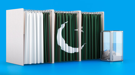 Voting booths with Pakistani flag and ballot box. Election in Pakistan, concept. 3D rendering