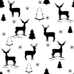 Black deer and christmas tree seamless pattern.