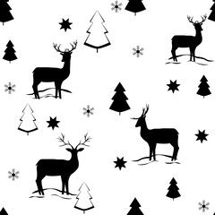 Black deer and christmas tree seamless pattern.