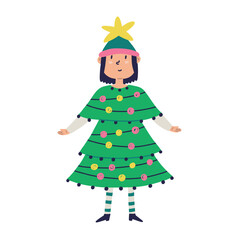 Girl in ugly Christmas tree dress. Vector clipart on isolated background