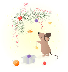 cute little mouse decorates a Christmas tree