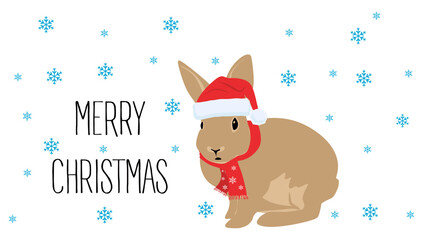 Merry christmas with rabbit Santa claus hat. Merry christmas concept on Snow background. Cute Rabbit with scarf and santa hat. Happy new year 2023. vector illustration 