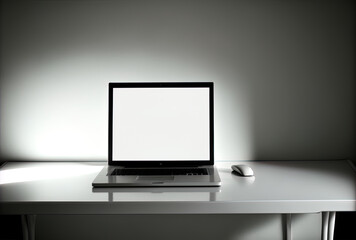 A white table with a black laptop with a blank screen. Generative AI