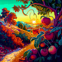 Lush fruit growing in an orchard during golden hour
