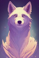Funny adorable portrait headshot of cute arctic wolf. North American land animal standing facing front. Looking towards camera. Mystery light art illustration. Vertical artistic poster.