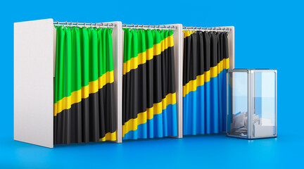Voting booths with Tanzanian flag and ballot box. Election in Tanzania, concept. 3D rendering