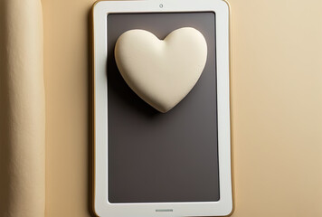 Top view of a digital tablet with a beige surface and a white and golden heart sticker. Generative AI