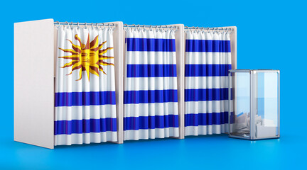Voting booths with Uruguayan flag and ballot box. Election in Uruguay, concept. 3D rendering