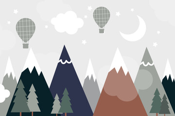 Vector hand drawn modern design of kids mountains. Mountains in doodle style. For children's wallpapers. Mountains, clouds, tree, forest, air balloon, moon and stars.