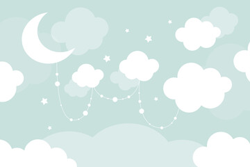 Fototapeta Vector hand drawn childish 3d wallpaper with clouds. Aerial white clouds, stars and dots . Lovely wallpaper for the kids room.	 obraz