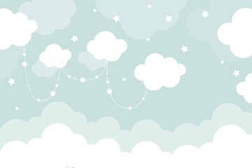 Vector hand drawn childish 3d wallpaper with clouds. Aerial white clouds, stars and dots . Lovely wallpaper for the kids room.	