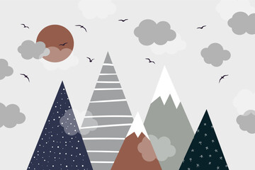 Vector. Hand drawn modern mountains in doodle style. Sun, birds, clouds and mountains. Children's landscape, wallpaper design, children's wall.	