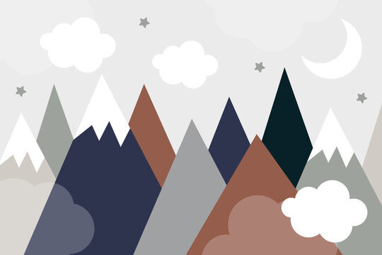 Cute mountains, moon and clouds in pastel colors. For baby wallpapers, decor, web banners, posters. Vector illustration. Children's wallpaper. Hand drawn in scandinavian style. Mountain landscape.
