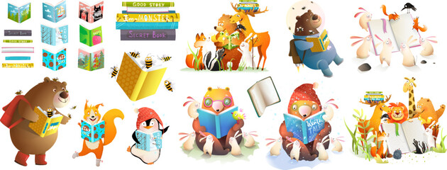 Many animals reading books or study collection. Cute reading or studying clipart collection for kids. Woodland animals library bundle, clever characters for children. Vector cartoon illustration set. - 551908347