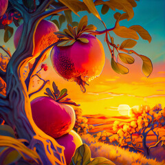 Lush fruit growing in an orchard during golden hour