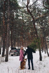 the guy is holding the Christmas tree on his shoulder, and the girl and the dog are looking at you. preparation for the new year