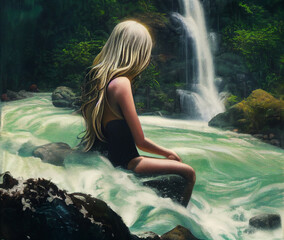 Beautiful blonde bathing in river