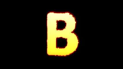 letter B - festive yellow blazing distorted font on black, isolated - object 3D illustration