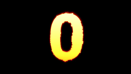 number 0 - colorful vivid yellow burning dichroic font on black, isolated - object 3D illustration